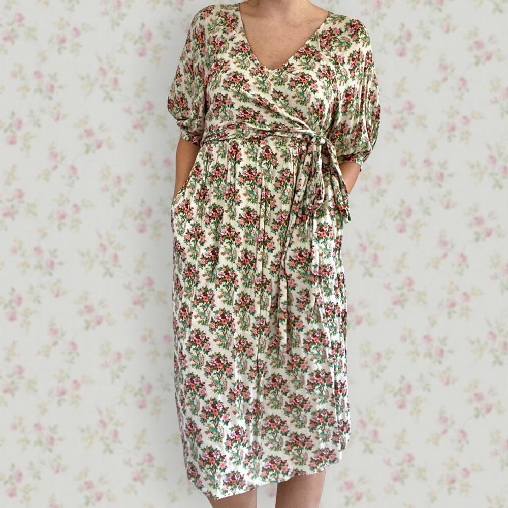 UO Floral Joey Surplice Faux Wrap Midi Dress
